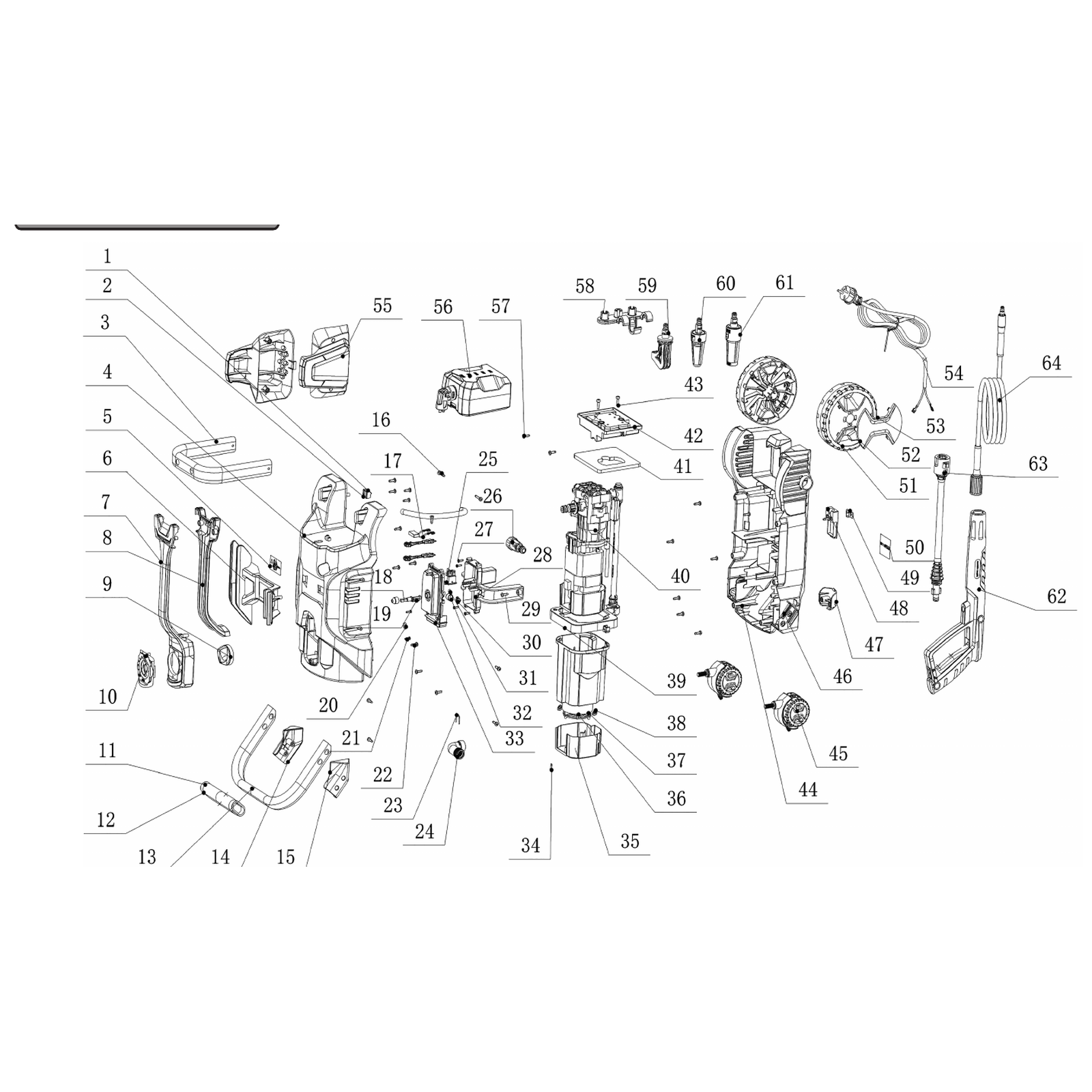 Exploded diagram for the Sealey Pull-Along Pressure Washer with TSS 140bar 1800W/230V (PW2000PA)