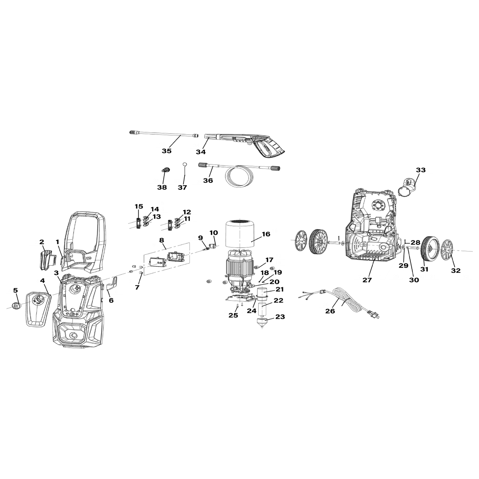 Exploded diagram for the Sealey Pressure Washer with TSS & Rotablast® Nozzle 160bar 2200W/230V (PW2500)