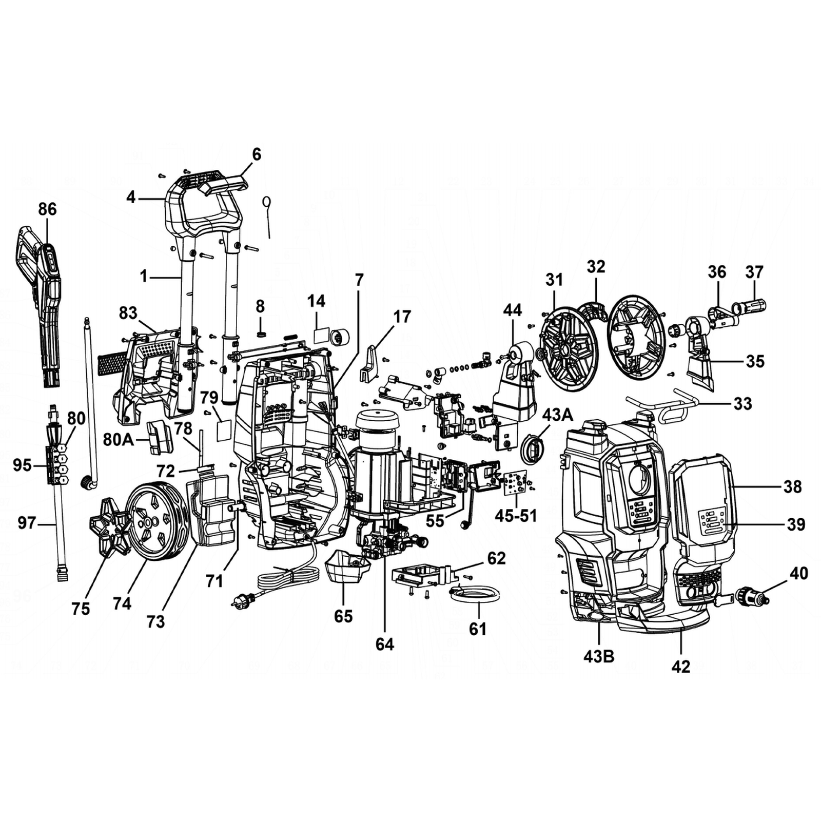 Exploded diagram for the Sealey Wireless Lance Controlled Pressure Washer with TSS & Rotablast® Nozzle 170bar 2400W/230V (PW2400)