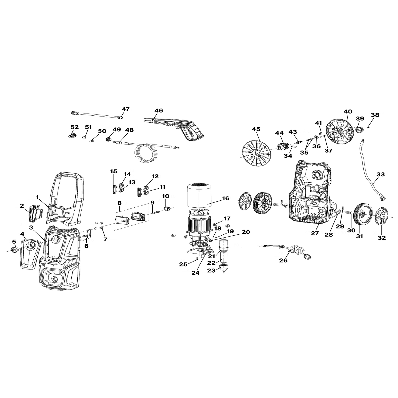 Exploded diagram for the Sealey Pressure Washer with TSS & Rotablast® Nozzle 180bar 2500W/230V (PW2500)