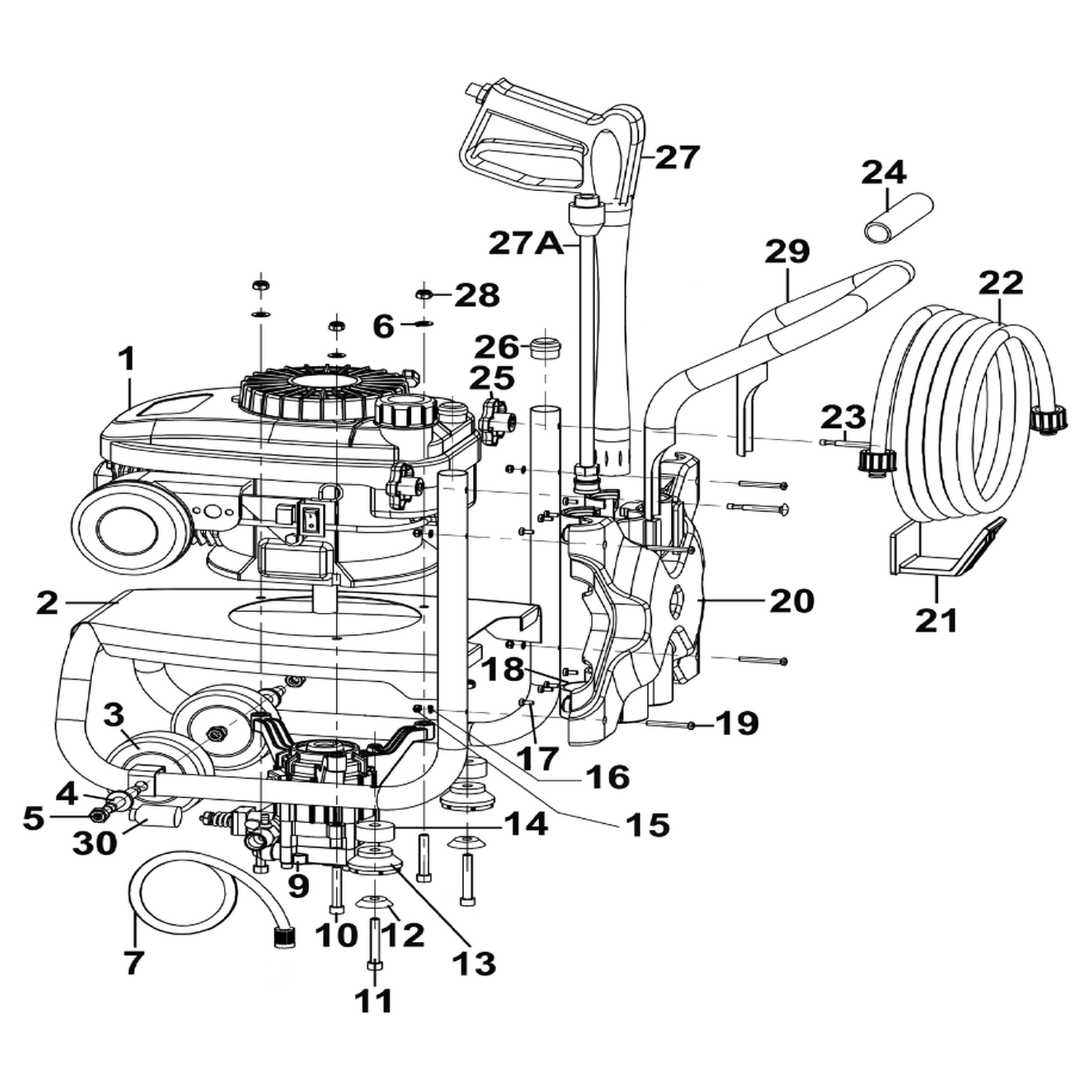 Exploded diagram for the Sealey Pressure Washer 150bar 576L/hr 4hp - Petrol (PWM1300)
