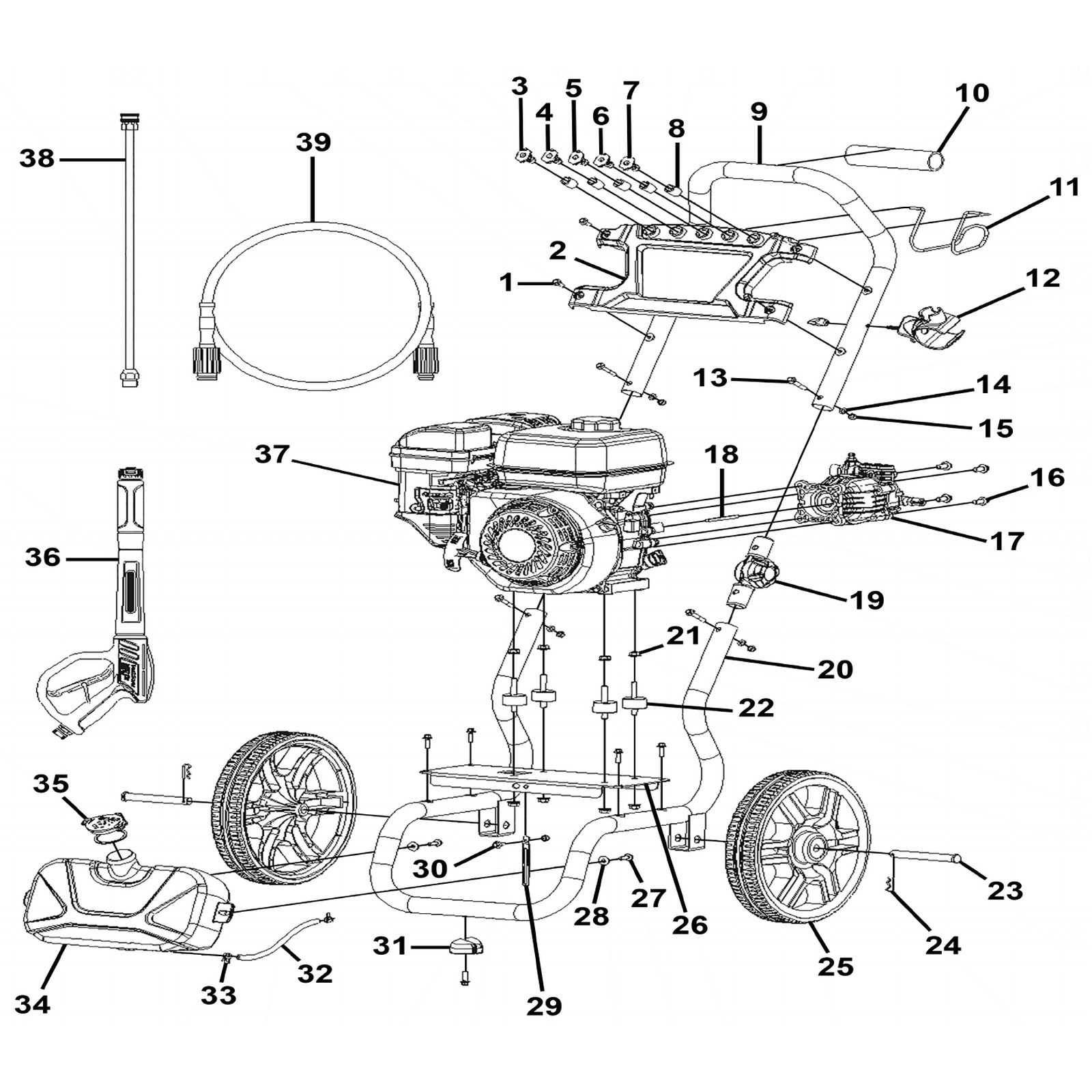 Exploded diagram for the Sealey Pressure Washer 220bar 570L/hr 5.8hp - Petrol (PWM2500)