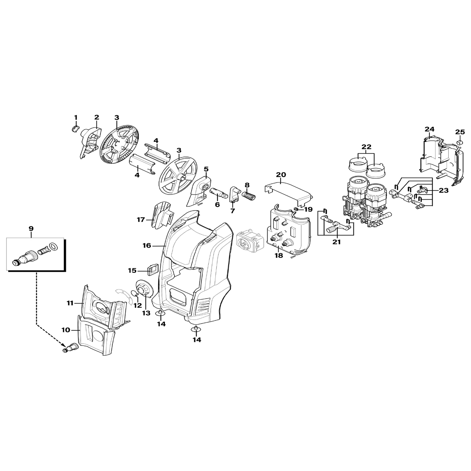 Exploded diagram for the Sealey Twin Pump Pressure Washer with TSS & Rotablast® Nozzle 150bar 2500W/230V