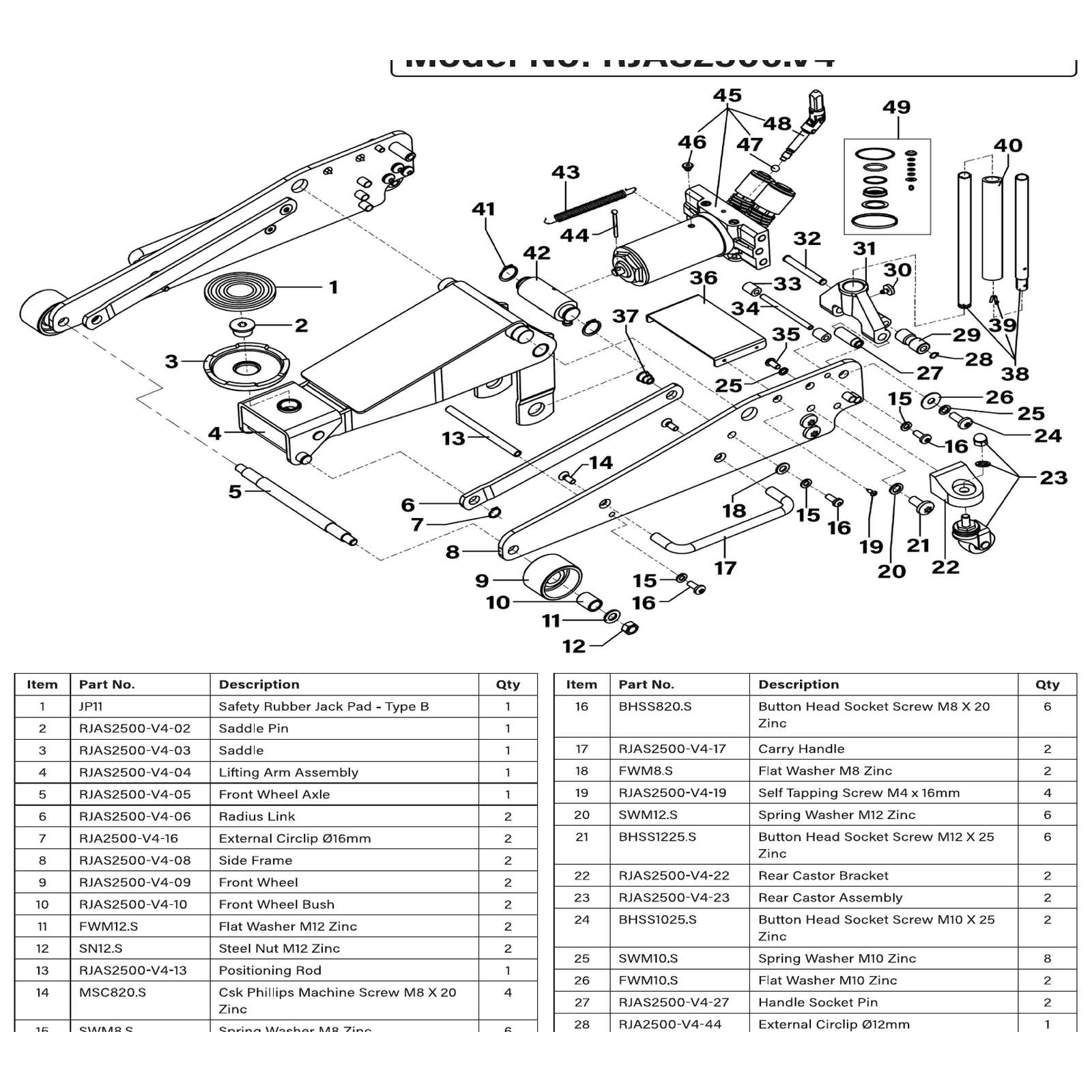 Exploded diagram for the Sealey Aluminium/Steel Trolley Jack with Rocket Lift 2.5 Tonne (RJAS2500)