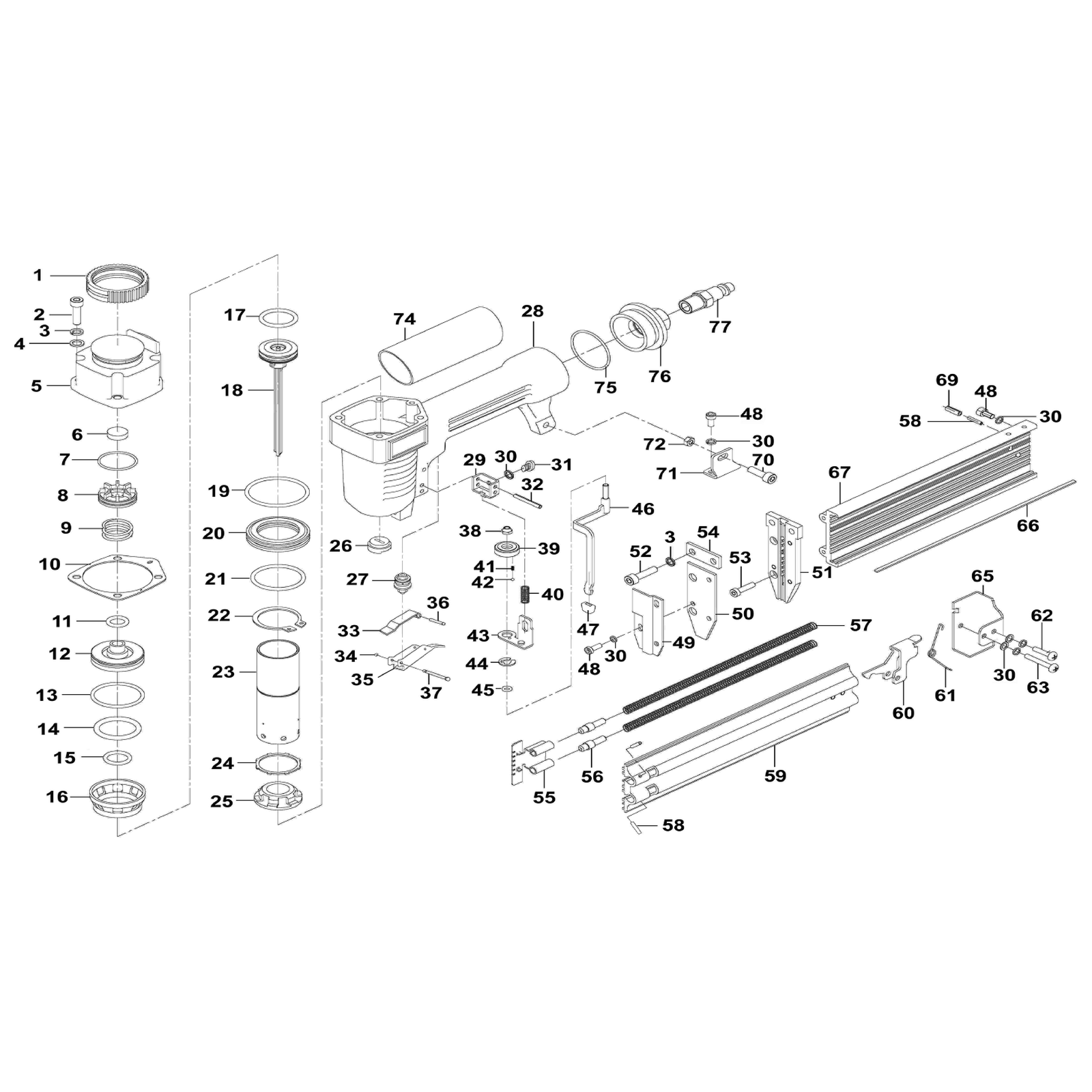 Exploded diagram for the Sealey Air Nail Gun 10-50mm Capacity (SA791)