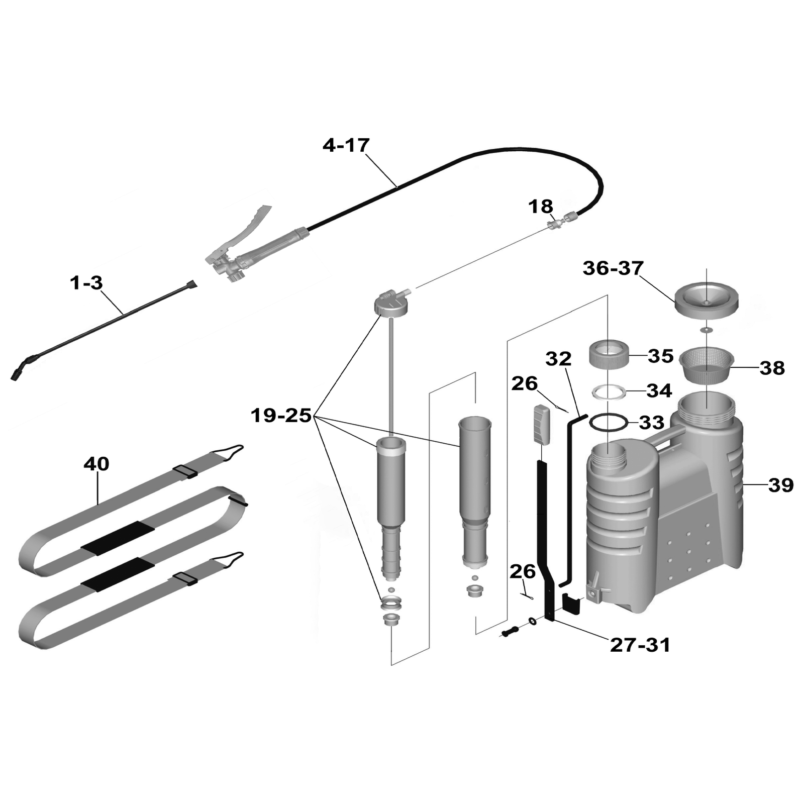 Exploded diagram for the Sealey Backpack Sprayer 16L (SS4)