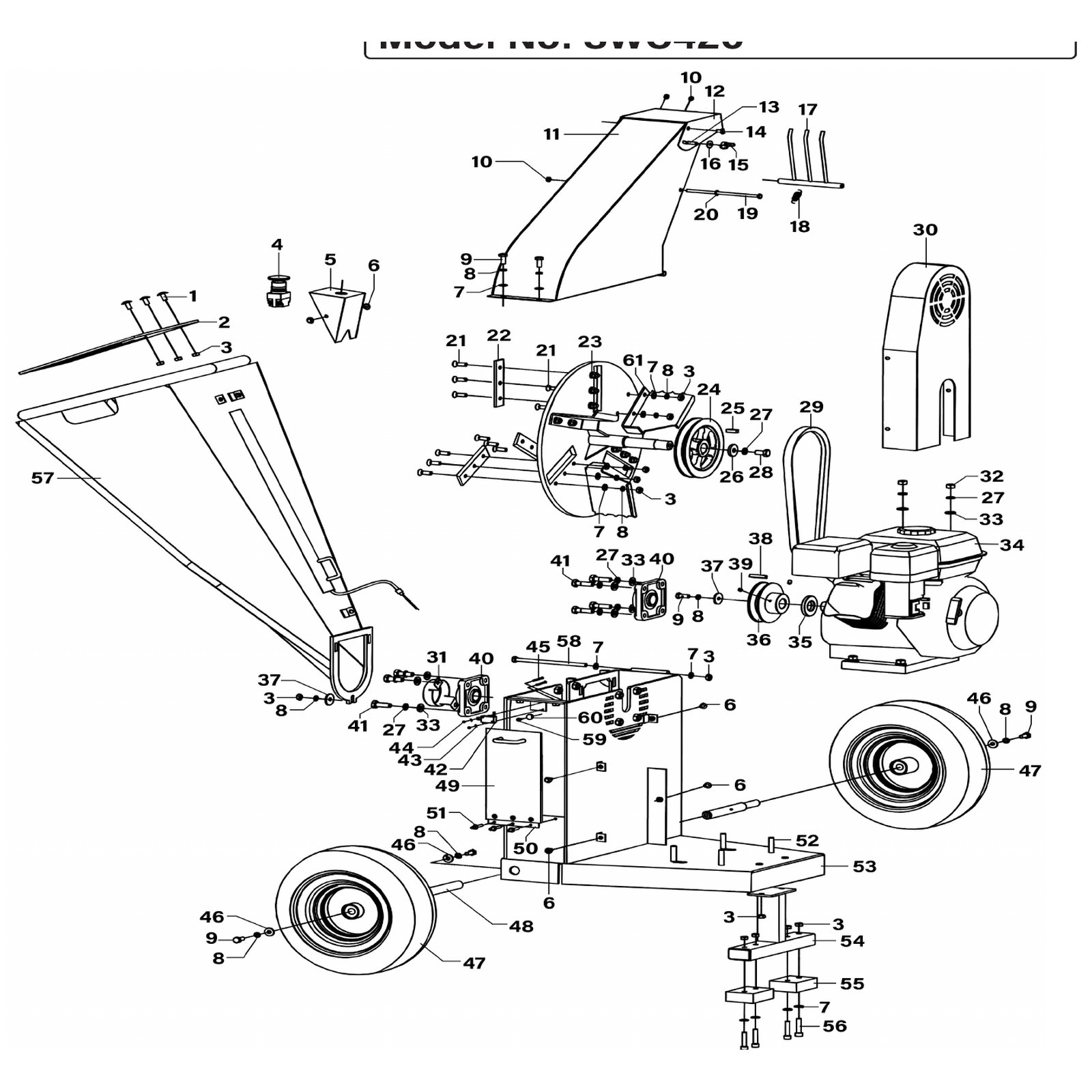 Exploded diagram for the Sealey 420cc 15hp Wood Chipper 100mm Capacity (SWC420)