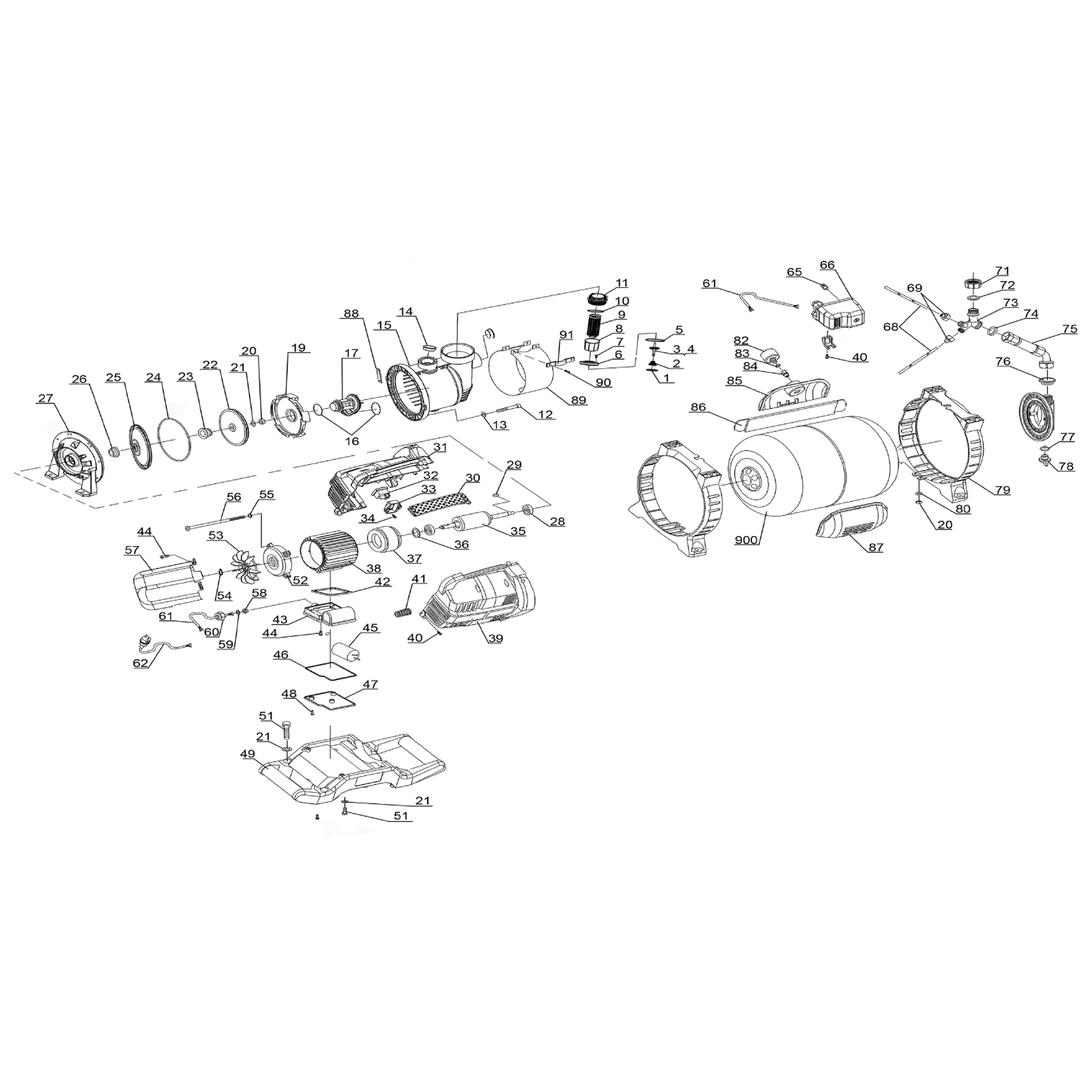 Exploded diagram for the Sealey Surface Mounting Booster Pump Stainless Steel 55L/min 230V
