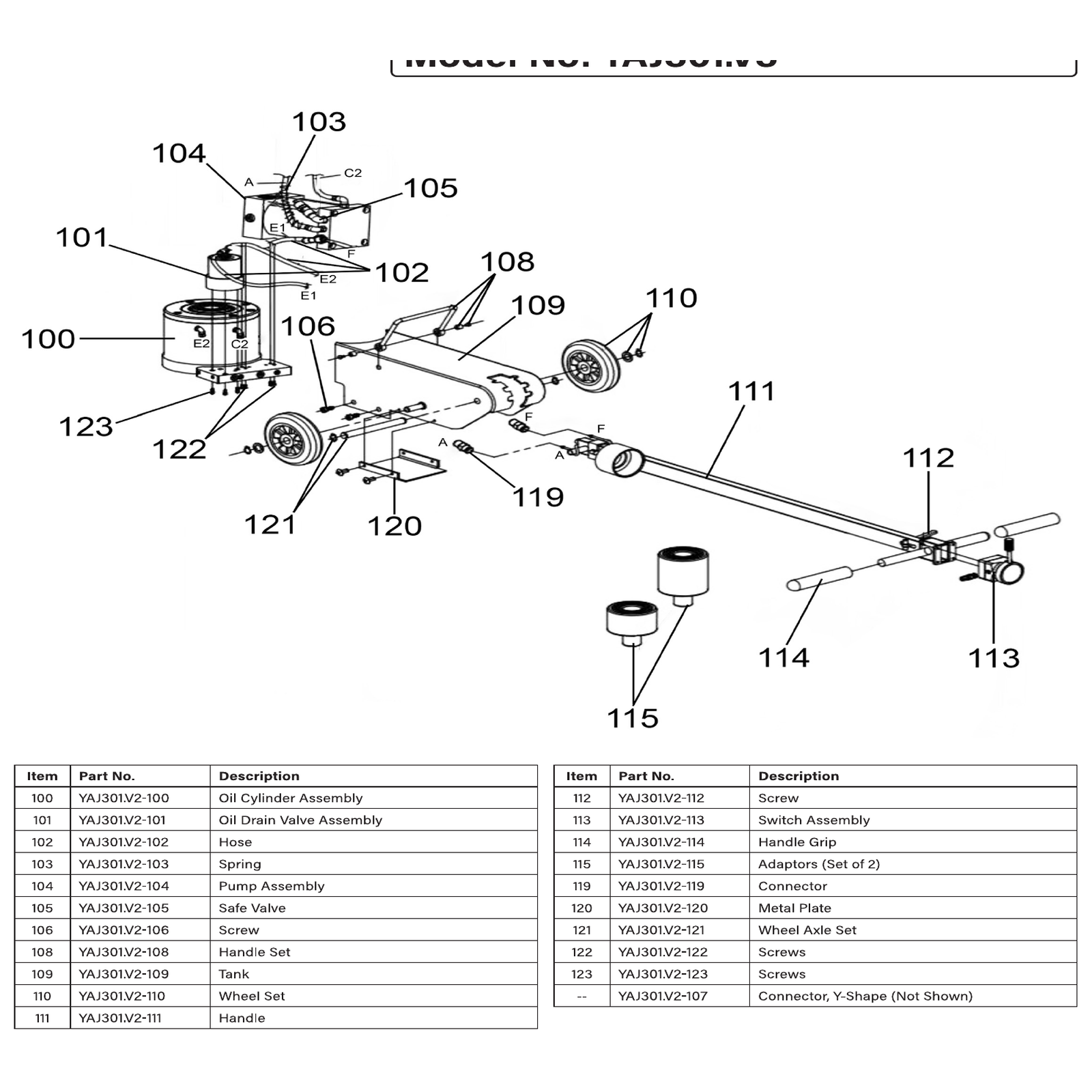 Exploded diagram for the Sealey Premier Air Operated Single Stage Jack 30 Tonne (YAJ1530F)